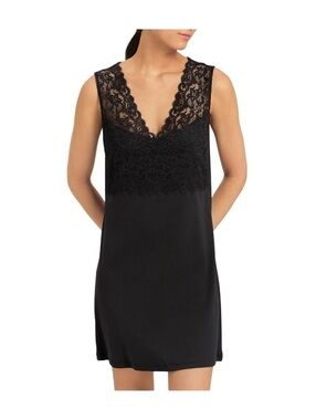 Hanro Moments black lace top knit nightgown dress M $210 msrp